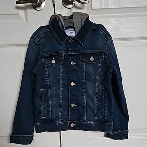 Old Navy Girl's Denim Button Front Jacket With Hoodie 10-12 Dark Blue Washed